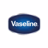 The word Vaseline is written in white letters on an irregularly shaped dark blue rectangle, outlined with silver