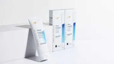 Dove Hyaluronic + Hydration Cream Serum, which contains pro-ceramides, niacinamide and collagen peptides. White, blue, gold packaging.