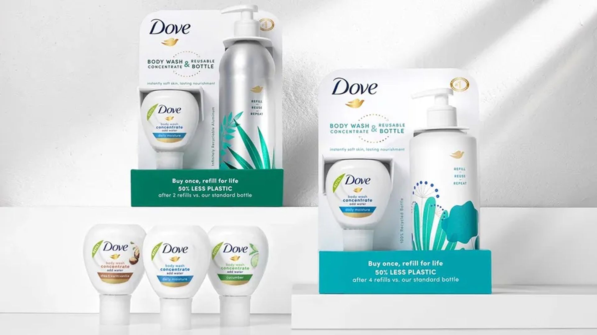 An image showing the range of Dove’s a 4x concentrated body wash bottles.