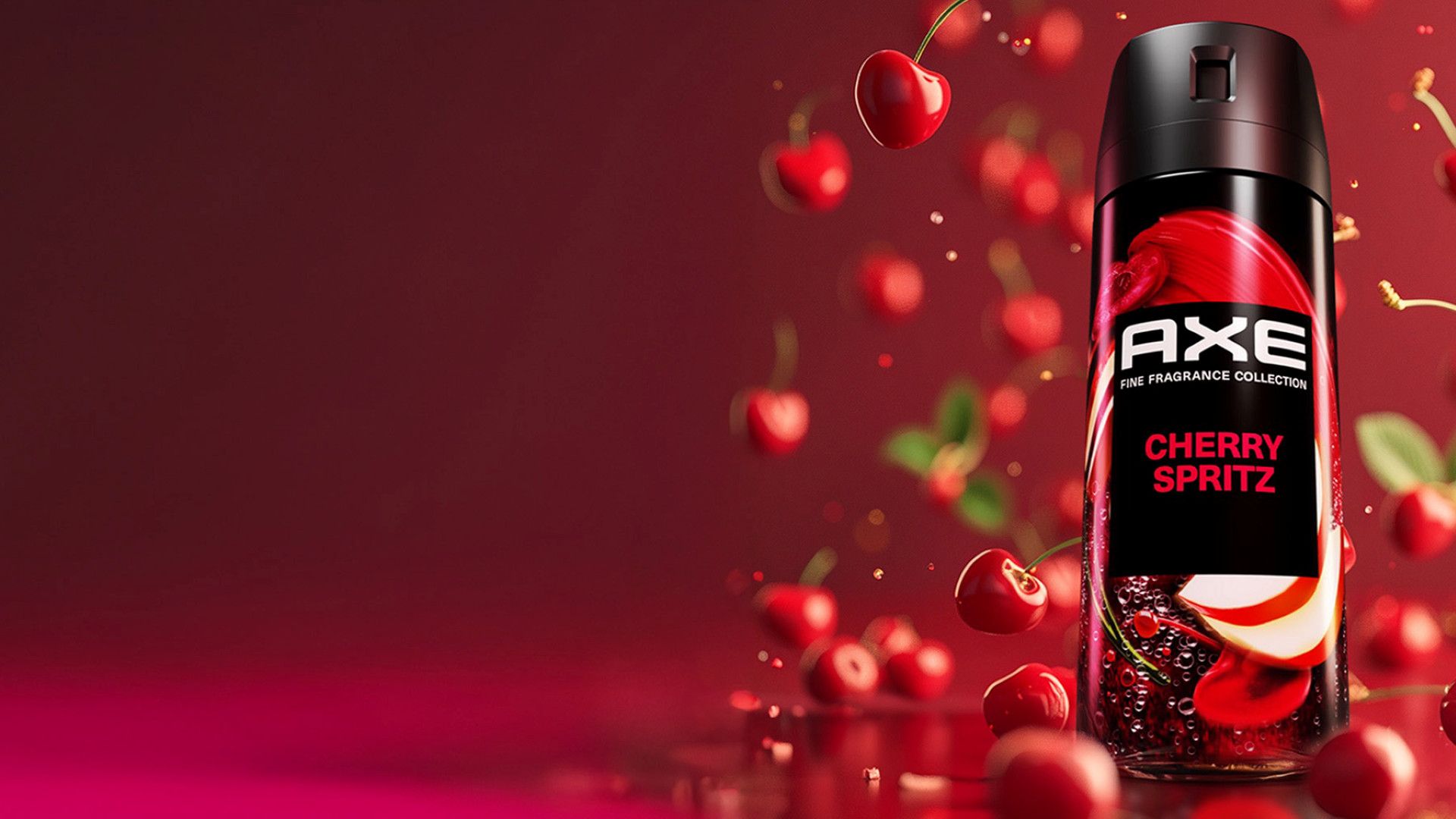 One of the latest fine fragrance variants, Cherry Spritz. A black deodorant can is in front of a red background of cherries.