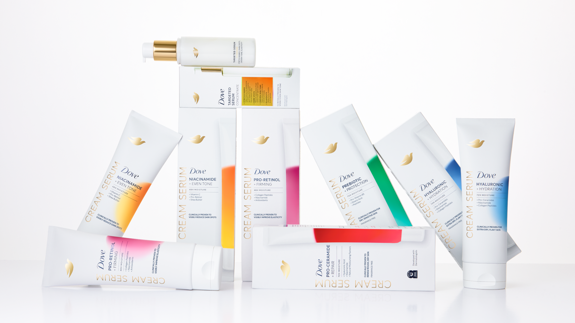 Products from the Dove Cream Serum range, which includes niacinamide and hyaluronic acid. Premium packaging in white & gold.