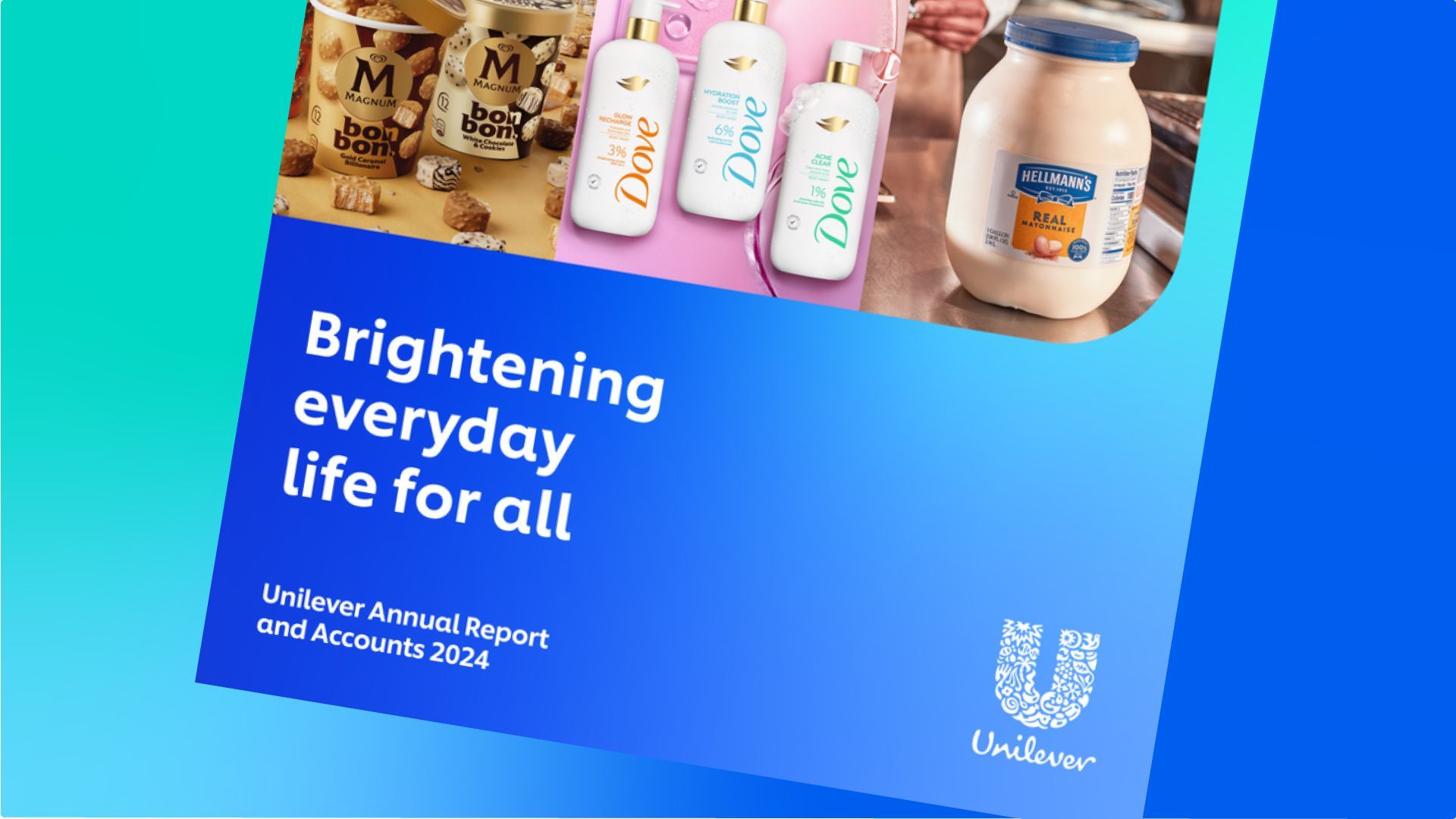 The cover of Unilever’s 2024 Annual Report and Accounts showing brand images of Magnum, Dove and Hellmann’s